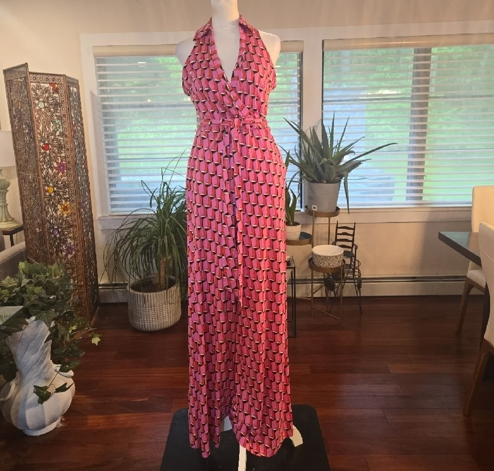 NWT Diane Von Furstenburg x Target V Neck Faux Wrap Geo Print Jumpsuit Pink XS
